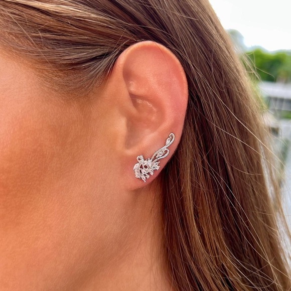 Lotus ear climbers with CZ diamonds - Sterling Silver 925 - Picture 2 of 6